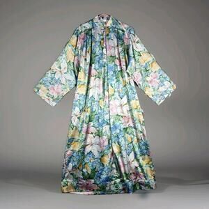 Ariel Housecoat Robe Womens Medium Floral Zip Front Pockets Pastel USA VTG
